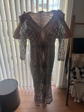 Sheer Black Geometric Mesh Long Sleeve Dress
